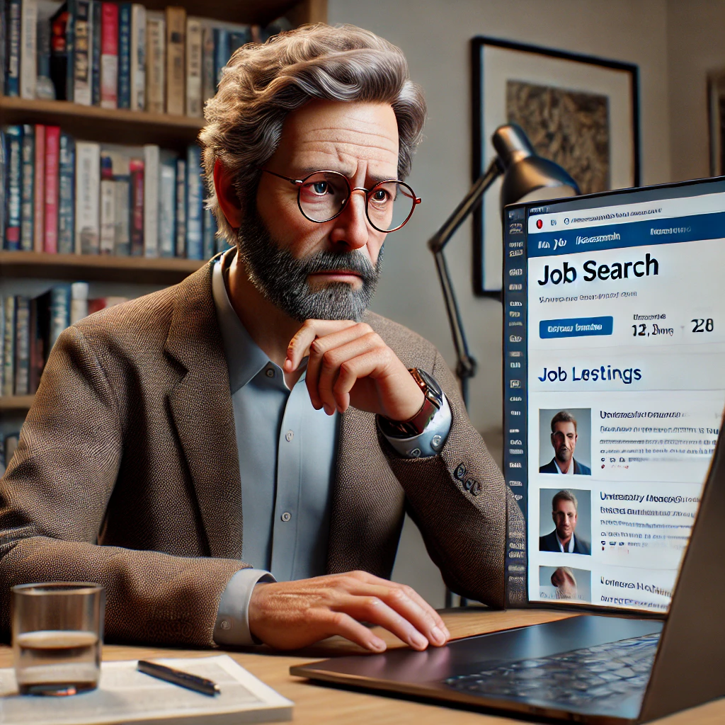 Image of a professor looking at job listings on a laptop